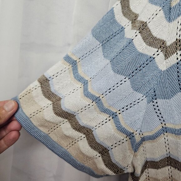 Vintage Alfred Dunner Blue Tan Chevron Striped Short Sleeve Sweater Pointelle 2X - Picture 3 of 11